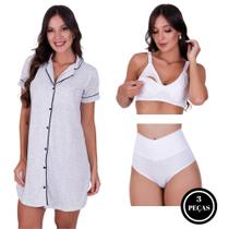 Combo - c12 Camisola Blogueira com Botões + Sutiã Amamentação + Calcinha Pós Parto Thamires