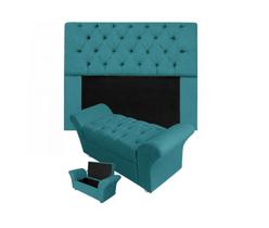 Combo Cabeceira Mirage e Calçadeira Baú Veneza King 195 cm Suede Azul Turquesa - LM DECOR