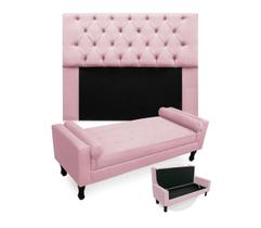 Combo Cabeceira Mirage + Recamier Baú Fenix Casal 140 cm Suede Rosa Bebe - LM DECOR