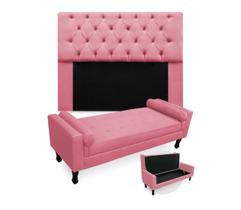 Combo Cabeceira Mirage + Recamier Baú Fenix King 195 cm Suede Rosa Barbie - DL DECOR