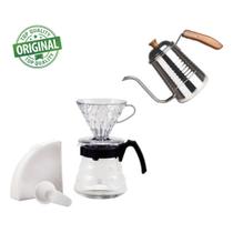 Combo Cafeteira Hario V60 Preta + Suporte Acrilico + Dosador + 40 Filtros + Chaleira Inox 700ml Pescoço de Ganso Fpro