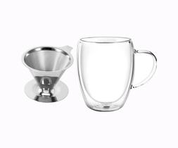 Combo Cafézim: Xícara Double Wall 350ml + Filtro Coador de Café Inox