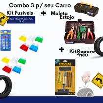 Combo Caixa Ferramenta+Kit Fusíveis Para Automovel+Kit Reparo Pneu Moto e Carro