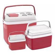 Combo Caixa Termica Cooler 32L 12L 5L Bebidas Porta Copo Alça Vermelha