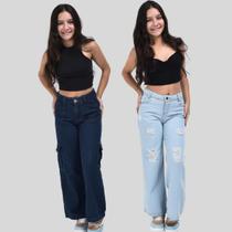 Combo calça cargo + Pantalona jeans wide leg Menina blogueirinha Juvenil 10 ao 16 anos com bolsos