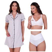 Combo Camisola Blogueira com Botões + Sutiã Amamentação + Calcinha Pós Parto Thamires