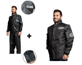 Combo Capa Roupa Chuva Pvc Preta + Jaqueta Frio Inverno Refletiva Reflex Cr Califórnia