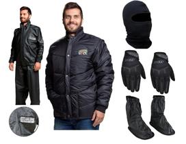 Combo Capa Roupa Chuva Pvc Preta + Jaqueta Frio Inverno Tradicional Cr Califórnia + Polaina Galocha + Capuz Ninja + Luva Fit Touch Sreen X11