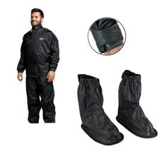 Combo Capa Roupa Chuva Vestimenta Vestuário Jaqueta Calça Cr Califórnia Nylon Forrada Preta Moto Motoqueiro + Polaina - CALIFORNIA RACING + PIRAVAL