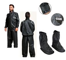 Combo Capa Roupa Chuva Vestimenta Vestuário Jaqueta Calça Cr Califórnia Pvc Preta Moto Motoqueiro + Polaina