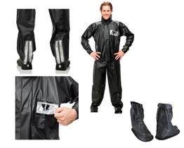 Combo Capa Roupa Chuva Vestimenta Vestuário Jaqueta Calça Pantaneiro Pvc Preta Moto Motoqueiro + Polaina Galocha