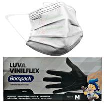 Combo Cirurgico Mascara Descartável Branca+luvavinil Preta M