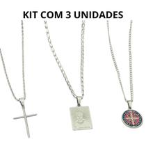 Combo Colar Masculino Aço Inox Correntes 60cm Pingentes Religiosos Cruz São Bento São Carlo Acutis