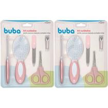 Combo com 2 Kits Cuidados e Higiene Bebe Pente Escova e Cortador de Unha Buba Lixa Rosa Buba