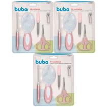 Combo com 3 Kits Cuidados e Higiene Bebe Pente Escova e Cortador de Unha Buba Lixa Rosa Buba