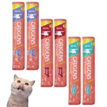 Combo Com 6 Tubos Origens Creminho Para Gatos Adultos Petiscos 2 Carne, 2 Frango, 2 Salmão 90g