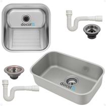 Combo Cuba Inox Docol 56x34x18 Acetinado Fosco E Tanque Docol Lavanderia 40x40 25L Com Sifões
