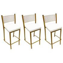 Combo de 3 Banquetas Empilhável Alta para Bar cor Dourado Fosco assento branco