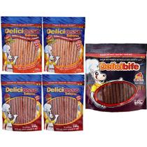 Combo De ossinhos Petisco para Cães Deliciosso: 2 Ossinhos Palito Carne, 2 Ossinhos Palito Salmão, 1 Bifinho Palito Deli
