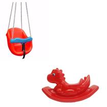 Combo de Playground Kids Vermelho - Ganggora Dino Rex - Balanço Vermelho - Para Escolas / Apartamento / Casas