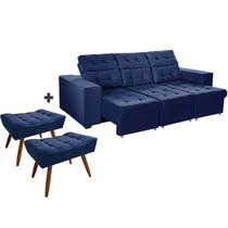 Combo de Sofá 4 Lugares Itália Plus 2,25m Retrátil Reclinável com 2 Puffs Pés Palito Suede Azul -Sofá na Web