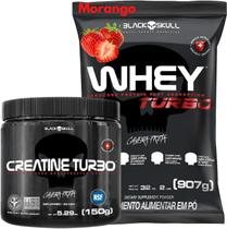 Combo de Suplementos Whey Protein Turbo + Creatina Monohidratada 150g - Black Skull - Ganho de Massa Muscular - Força (Morango)