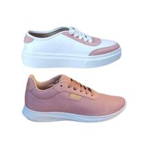 Combo dois tenis feminino casual social academia branco rosa