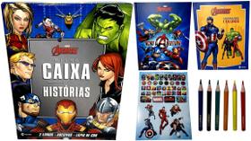Combo Educativo Infantil Caixa Histórias Os Vingadores Marvel - Culturama : Livro De História + Livro Colorir + Cartela Adesivos + 06 Lápis de Cor