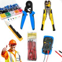 Combo Eletrecista Kit Ferramentas Profissional, Multimetro, Alicate Crimpador, Terminais Tubulares, Chaves Isoladas