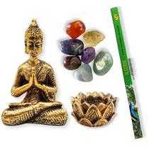 Combo Estátua Buda + Castiçal + 7 Pedras dos Chakras + Incenso Alecrim - B - Mandala de Luz