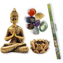 Combo Estátua de Buda + Castiçal + 7 Pedras dos Chakras + Incenso Chama Dinheiro - C - Mandala de Luz