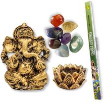 Combo Estátua de Ganesha + Castiçal + 7 Pedras dos Chakras + Incenso Chama Dinheiro - C