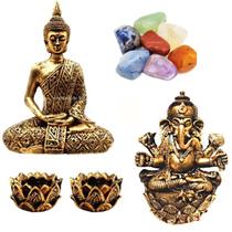 Combo Estátuas de Ganesha e Buda + Kit 7 Pedras dos Chakras + 2 Castiçais - Mandala de Luz