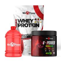 Combo Explosão de Energia e Massa Muscular : Whey Protein 1.8kg, V-Power 300g e Galão 1L - Suplementos Premium