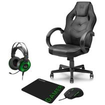 Combo Gamer - Cadeira com Função Basculante 15, Headset Raiko USB 7.1 3D LED e Mouse 3200DPI 6 Botões Preto/Verde com Mouse Pad - GA182K