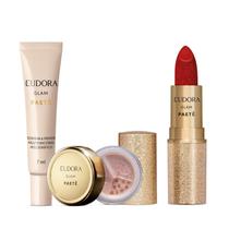 Combo Glam Paetê: Glitter Multifuncional Rosê 1g + Sombra & Primer 7ml + Batom Cremoso Vermelho 3g