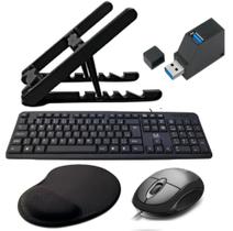 Combo HomeOffice 5 Pças - Suporte Notebook, Teclado e mouse com fio, Mousepad, Hub Usb