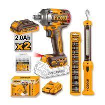 Combo Ingco Chave Impacto 400Nm 13MM 20V 2 Baterias 2Ah Soquetes Bits Lanterna
