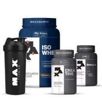 Combo ISO Whey 900g, Creatina 120 Cápsulas, Ômega 3 90 Cápsulas e Coqueteleira 700mL - Max Titanium