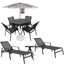 Combo Jogo De Mesa 4 Cadeiras De Piscina Chaise E Guarda Sol