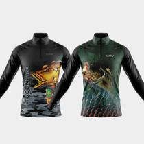 Combo Kit 2 Camisas Masculinas de Pesca Manga Longa Porteção Uv Temática Brasil Peixes Tucunaré Robalo