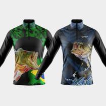 Combo Kit 2 Camisas Masculinas de Pesca Manga Longa Porteção Uv Temática Brasil Peixes Tucunaré Robalo