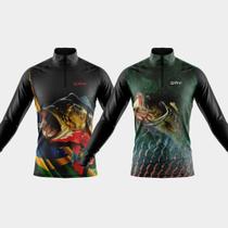 Combo Kit 2 Camisas Masculinas de Pesca Manga Longa Porteção Uv Temática Brasil Peixes Tucunaré Robalo