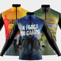 Combo Kit 3 Camisas Agro Masculinas Manga Longa Zíper Proteção Uv Temática Boi Colheitadeira Milho Soja Café