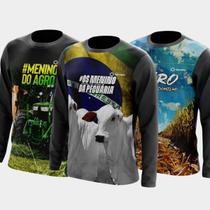 Combo Kit 3 Camisas Agro Masculinas Manga Longa Zíper Proteção Uv Temática Boi Milho Soja Trator