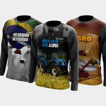 Combo Kit 3 Camisas Agro Masculinas Manga Longa Zíper Proteção Uv Temática Boi Milho Soja Trator
