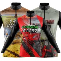 Combo Kit 3 Camisas Masculinas Agro Manga Longa Zíper Proteção Uv Slim Temáticas Trator Colheitadeira Soja Boi Milho