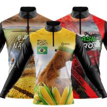 Combo Kit 3 Camisas Masculinas Agro Manga Longa Zíper Proteção Uv Slim Temáticas Trator Colheitadeira Soja Boi Milho