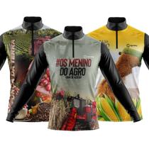 Combo Kit 3 Camisas Masculinas Agro Manga Longa Zíper Proteção Uv Slim Temáticas Trator Colheitadeira Soja Boi Milho