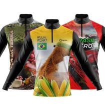Combo Kit 3 Camisas Masculinas Agro Manga Longa Zíper Proteção Uv Slim Temáticas Trator Colheitadeira Soja Boi Milho